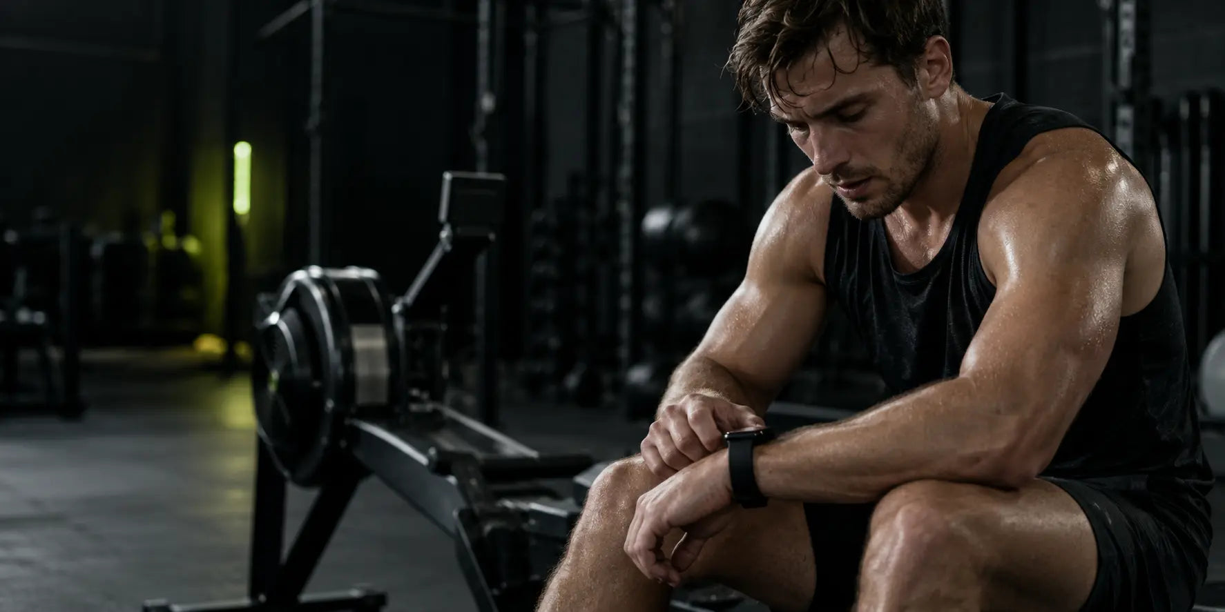 Athlete reviewing recovery data after a rowing interval