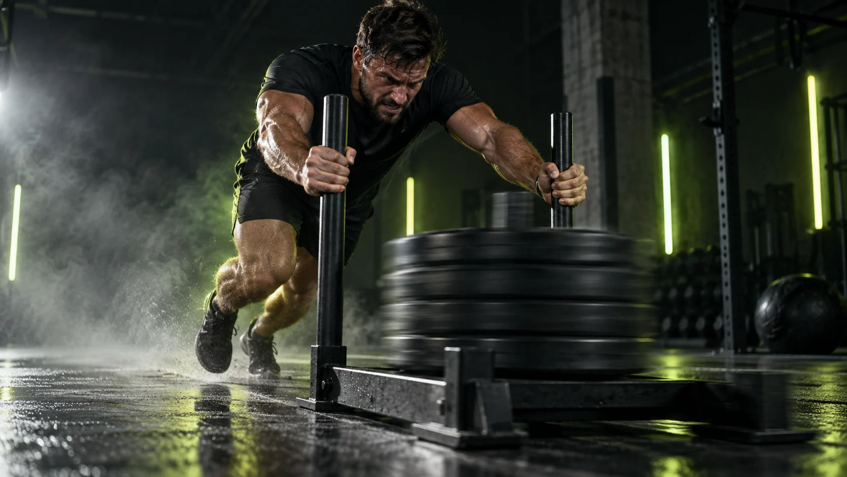 Athlete driving a weighted sled during a focused training session