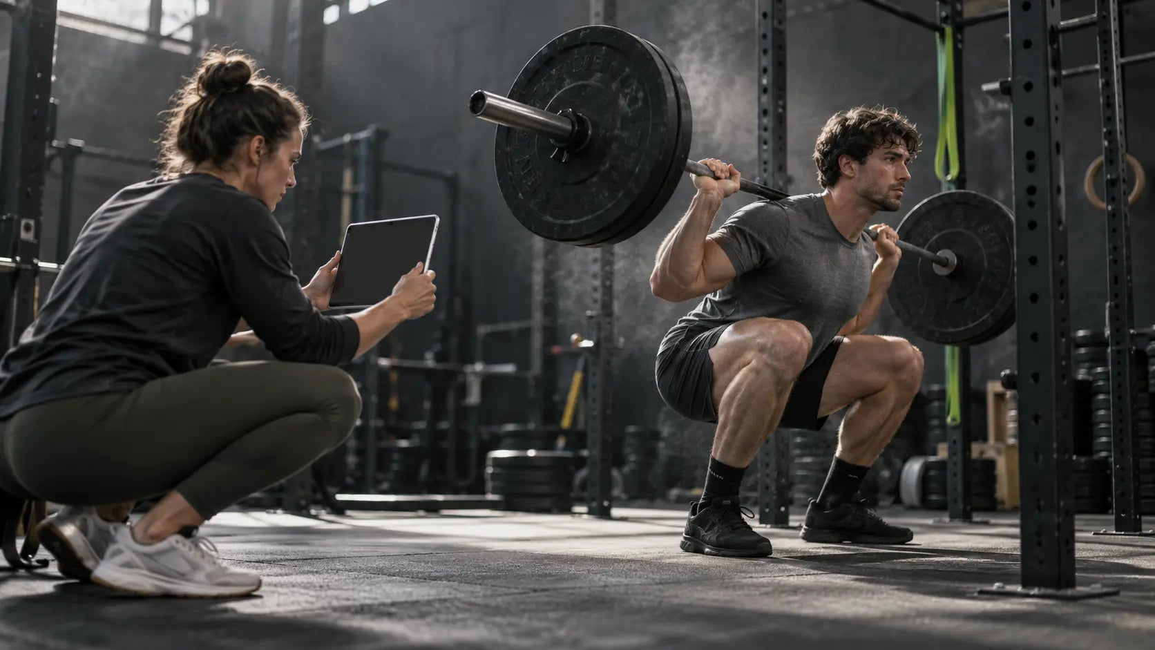 Coach recording an athlete's squat for technique feedback